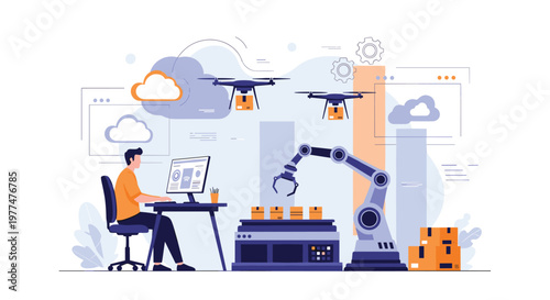 Modern smart warehouse uses automated robotic arms and delivery drones managed by a male worker at a computer station for efficient logistics.