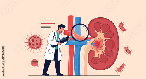 Medical doctor uses a magnifying glass to examine a large human kidney model affected by a tumor and surrounded by various virus structures.