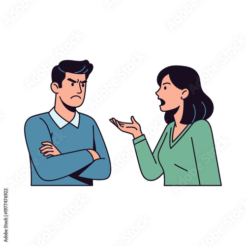 Couple arguing, man angry with arms crossed, woman gesturing and speaking