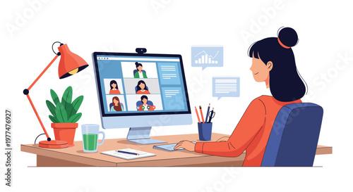 Young woman enjoys a productive video conference meeting on her computer at a comfortable home office desk with a lamp and some plants.
