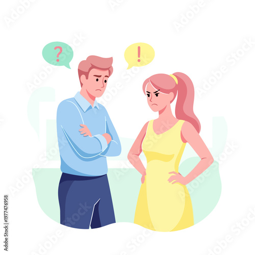 Couple Arguing, Misunderstanding, Conflict, Question and Exclamation Marks, Relationship Problems