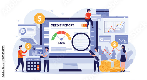 Comprehensive credit report illustration shows people interacting with a large screen displaying financial data, charts, and a score gauge.