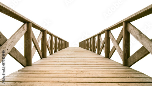 Принти на полотні Wooden boardwalk bridge with criss-cross railings, isolated on transparent backg