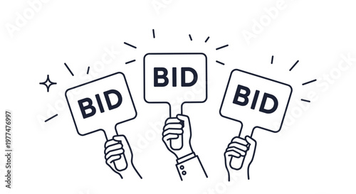 Three hands hold up rectangular signs with the word bid written on them indicating an active auction or competitive bidding process.
