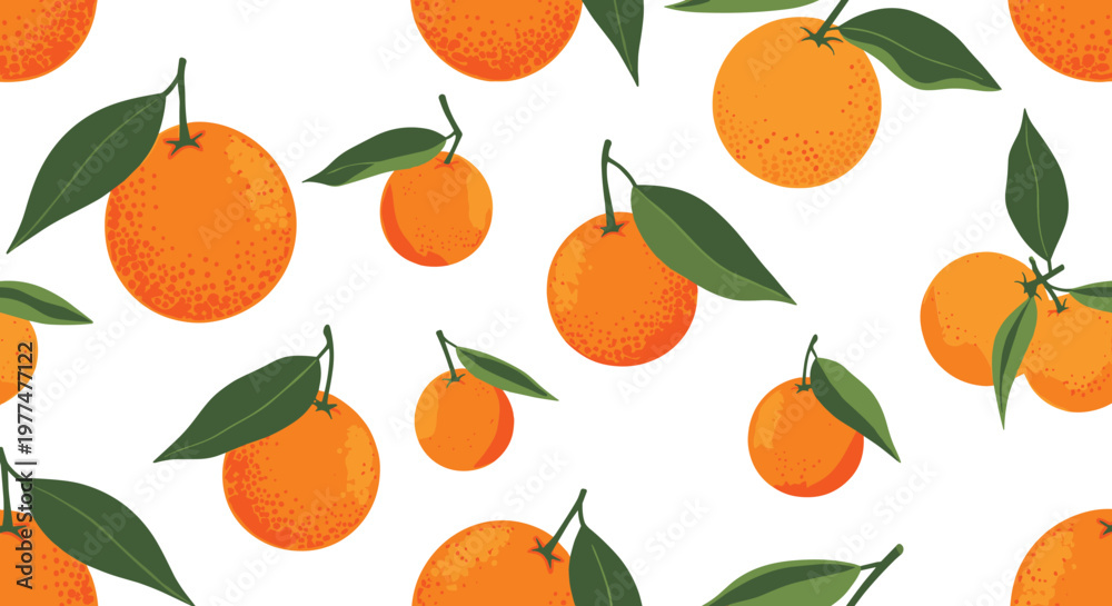 Obraz premium Orange Fruit Seamless Pattern with Leaves Fresh Citrus Background Summer Food Illustration Repeating Vector Design