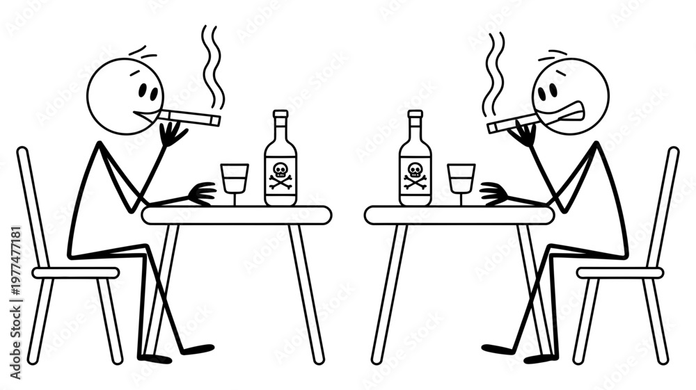 Fototapeta premium Two stick figures are sitting at tables smoking cigars and drinking from bottles with skull symbols.