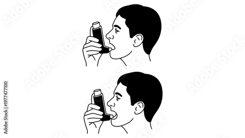 A person is shown in two sequential illustrations using an inhaler to treat their respiratory condition.