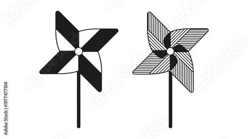 Two stylized pinwheels are shown, one with bold black and white patterns and the other with fine hatched lines.