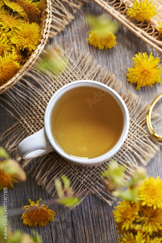 Herbal tea with fresh dandelion flowers collected in spring