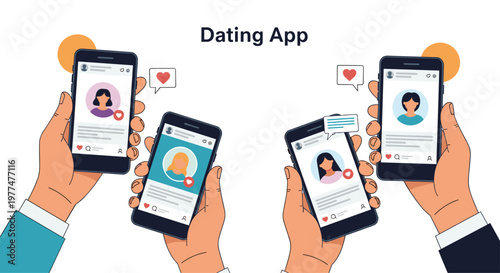 Two people hold smartphones displaying various user profiles on a dating app with heart and like icons for online social networking.
