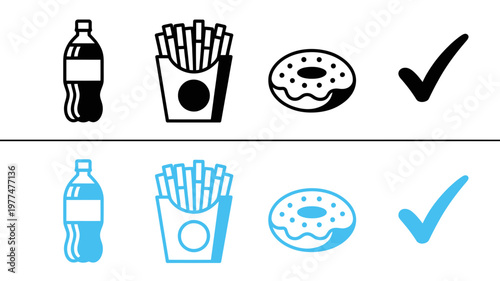 A split image shows a bottle of soda, french fries, and a donut with checkmarks in black and blue.