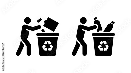 Black stick figures are shown disposing of various items into recycling bins.