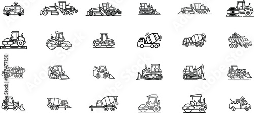 Collection of vintage farm equipment and agricultural machinery line icons