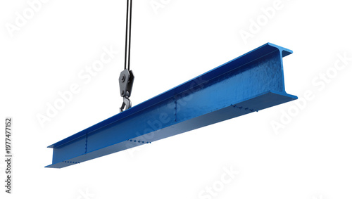 Blue painted steel I-beam suspended by crane hook