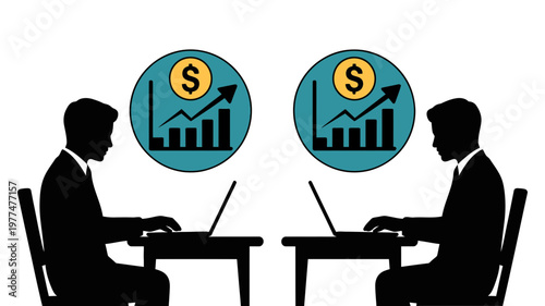 Silhouettes of two businessmen working on laptops with charts showing upward financial growth.