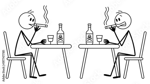 Two stick figures are sitting at tables smoking cigars and drinking from bottles with skull symbols.