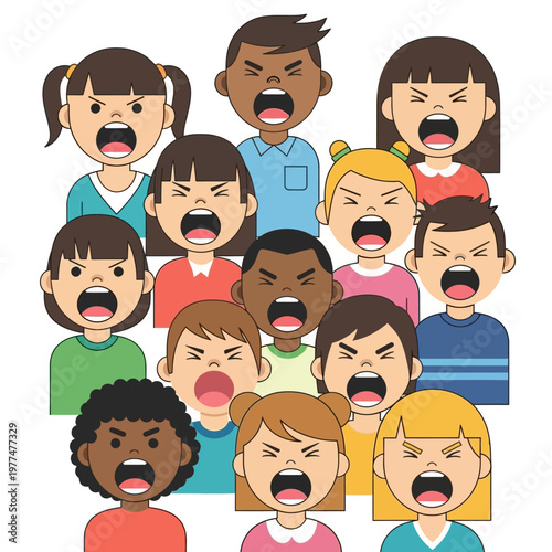 Group of Angry Children Yelling Together - Diverse Kids Expressing Frustration