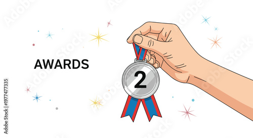 Human hand holds up a silver medal with the number two against a white background decorated with colorful shining stars and sparkles.