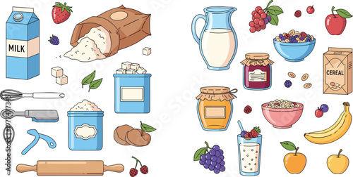 Baking and Breakfast Food Vector Set with Bread Milk Flour Fruits Cereal and Kitchen Utensils Illustration Collection