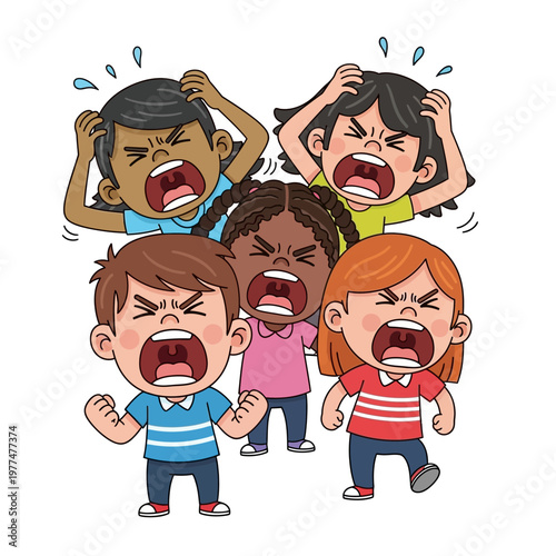 Frustrated Children Yelling and Crying Together, Cartoon Style