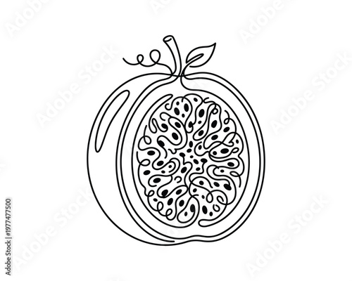 Abstract continuous line art drawing of a passion fruit, cut in half, showing seeds and pulp