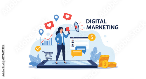 Female digital marketing specialist stands on a large smartphone using a megaphone to announce promotions surrounded by various tech icons.