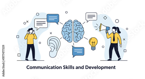 Communication skills and development infographic features a central brain with people talking and listening along with a megaphone and ear.