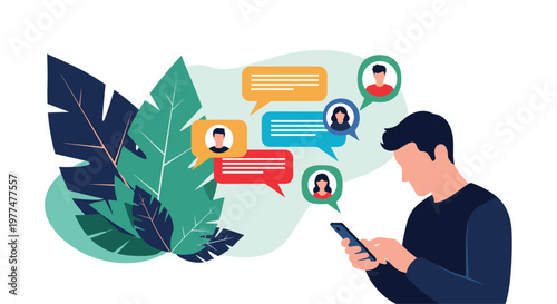 Man interacts with multiple floating chat bubbles on his smartphone showing different people avatars and text messages for social networking.