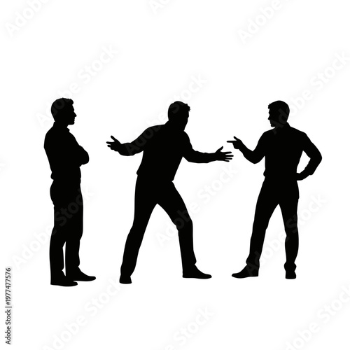 Three men arguing silhouette, conflict, disagreement, pointing fingers, confrontation, discussion