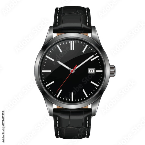 Classic black wristwatch with leather strap and date window, stainless steel case.