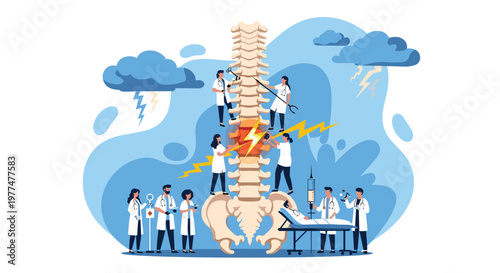 Team of medical professionals examine a large human spine model under a dark stormy sky with lightning to represent back pain and treatment.