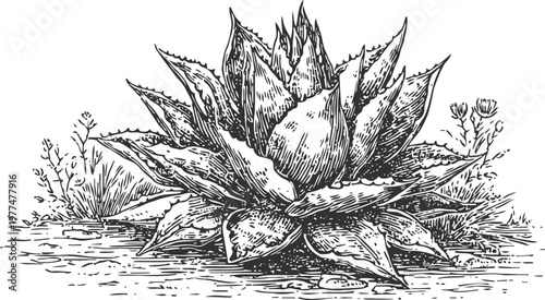 Black and white vintage illustration of a large agave plant with desert vegetation in the background