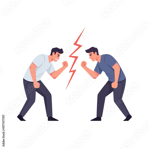 Two men in conflict, facing off with clenched fists, symbolizing rivalry and dispute.