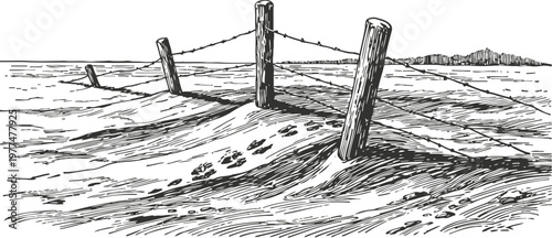 barbed wire fence crossing sand dunes with animal footprints in desert landscape sketch