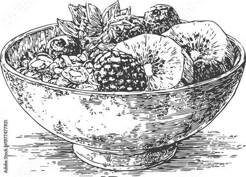 Hand drawn bowl of fresh fruit and granola with sliced kiwi, berries, and nuts, healthy breakfast concept