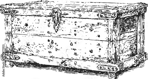 Vintage wooden chest with metal hinges and latch, antique storage box illustration