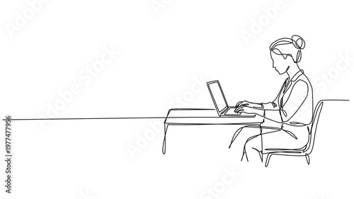 animated continuous line drawing of woman sitting at desk using laptop computer, line art animation