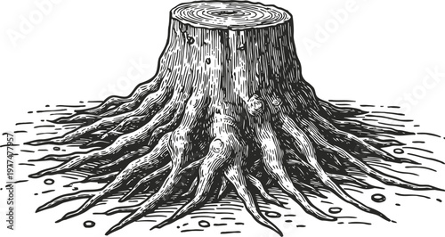 Tree stump with detailed roots illustration vintage engraving black and white woodcut design