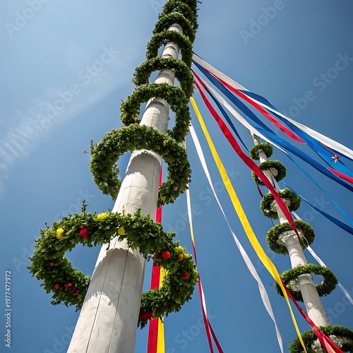 A towering maypole adorned with vibrant ribbons and lush greenery stands against a bright blue sky symbolizing springtime celebrations