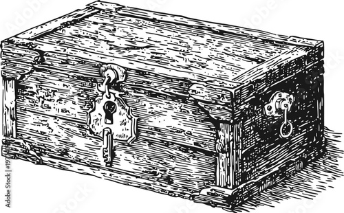 Vintage wooden box with metal lock and hinges, hand drawn antique chest illustration