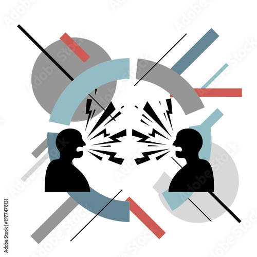 Abstract argument between two silhouetted heads with geometric shapes and lightning bolts