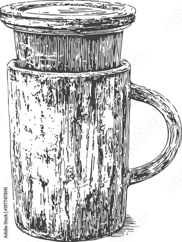 Vintage wooden mug with lid, rustic handcrafted cup illustration, natural drinkware vessel design