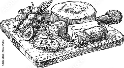 Charcuterie board with cheese, sliced salami, grapes, and figs on wooden serving platter