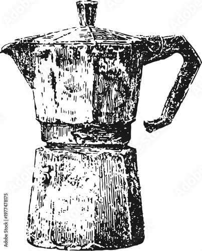 Vintage stovetop espresso maker illustration classic italian coffee pot with textured metal body and handle