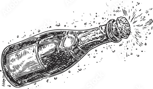 Vintage illustration of a champagne bottle popping cork with sparkling bubbles and celebratory explosion