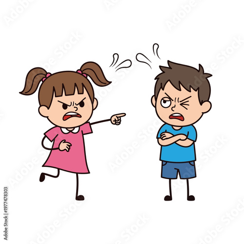 Angry Girl Accusing Boy with Arms Crossed, Cartoon Illustration