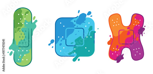 Artistic paint splatter bandage icons featuring colorful ink spots and drips on medical plaster shapes set