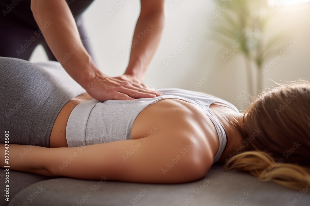 Obraz premium Physiotherapist applying hands-on therapy to a woman's back for pain relief and wellness