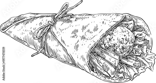 hand drawn wrap sandwich with fresh vegetables and falafel ball, tied with string, black and white sketch