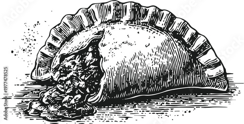 Hand drawn illustration of a savory meat empanada with textured crust and filling spilling out